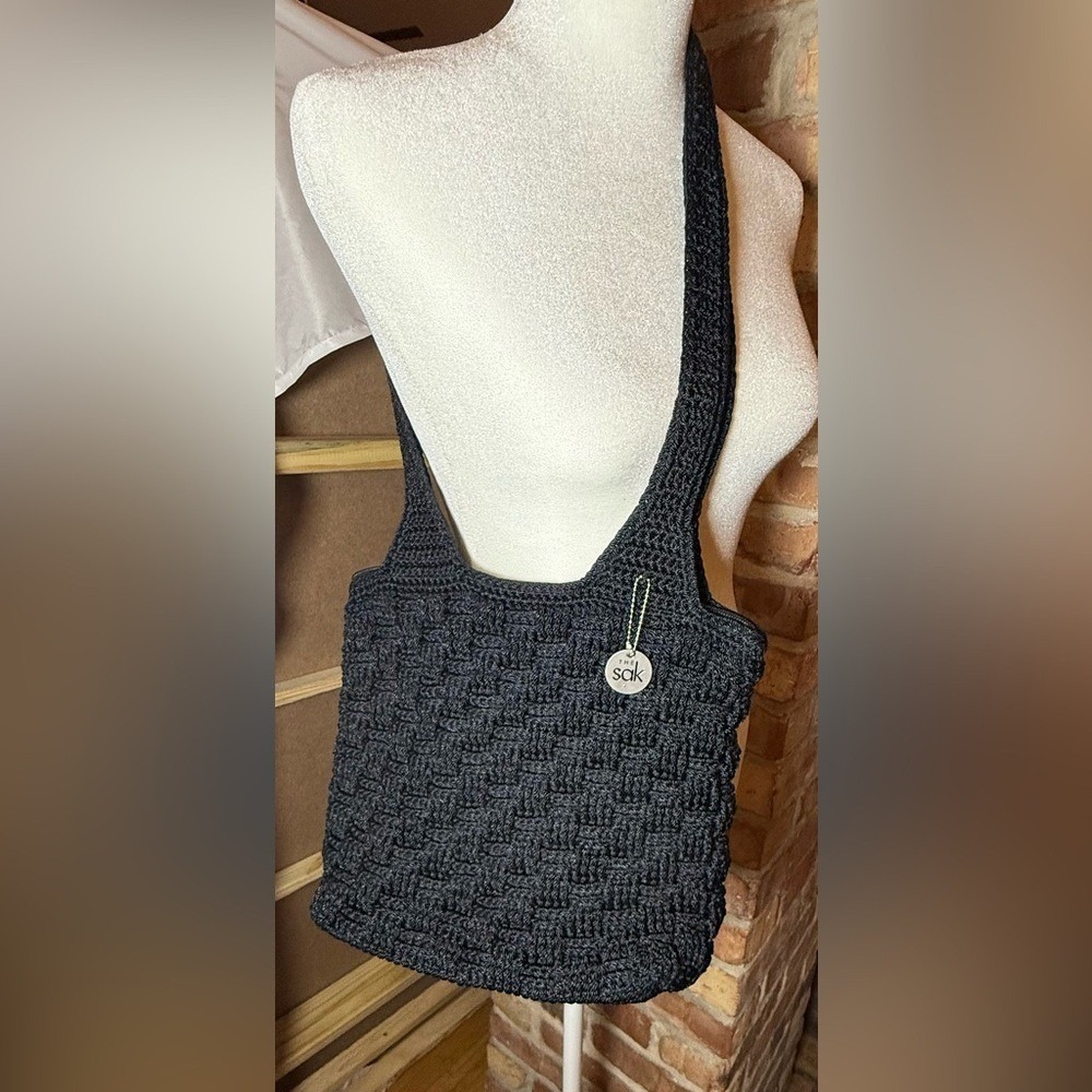 The Sak Black Crochet Shoulder‎ Bag Woven Over The Shoulder Purse Eco Friendly